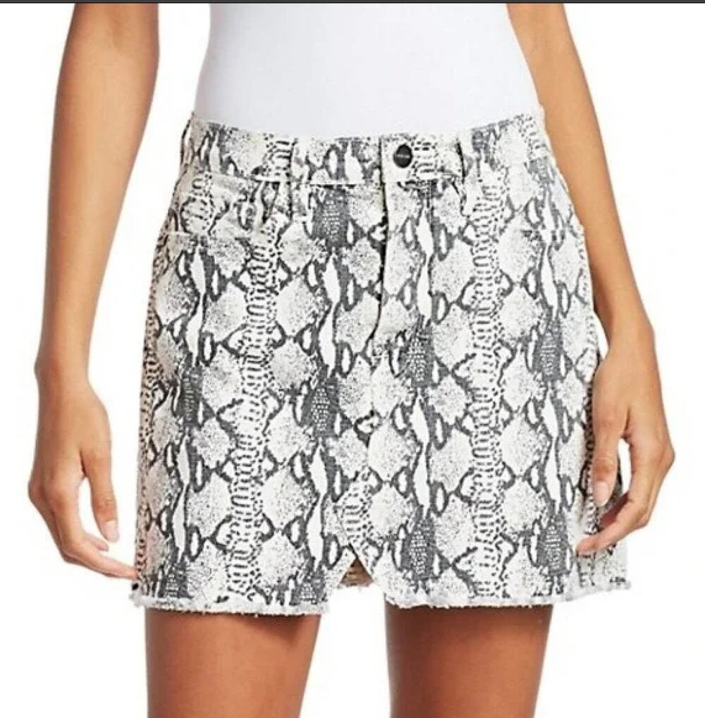 FRAME Le Mini Skirt Cotton Denim Python Snake Animal Print Grey White sz 8/29